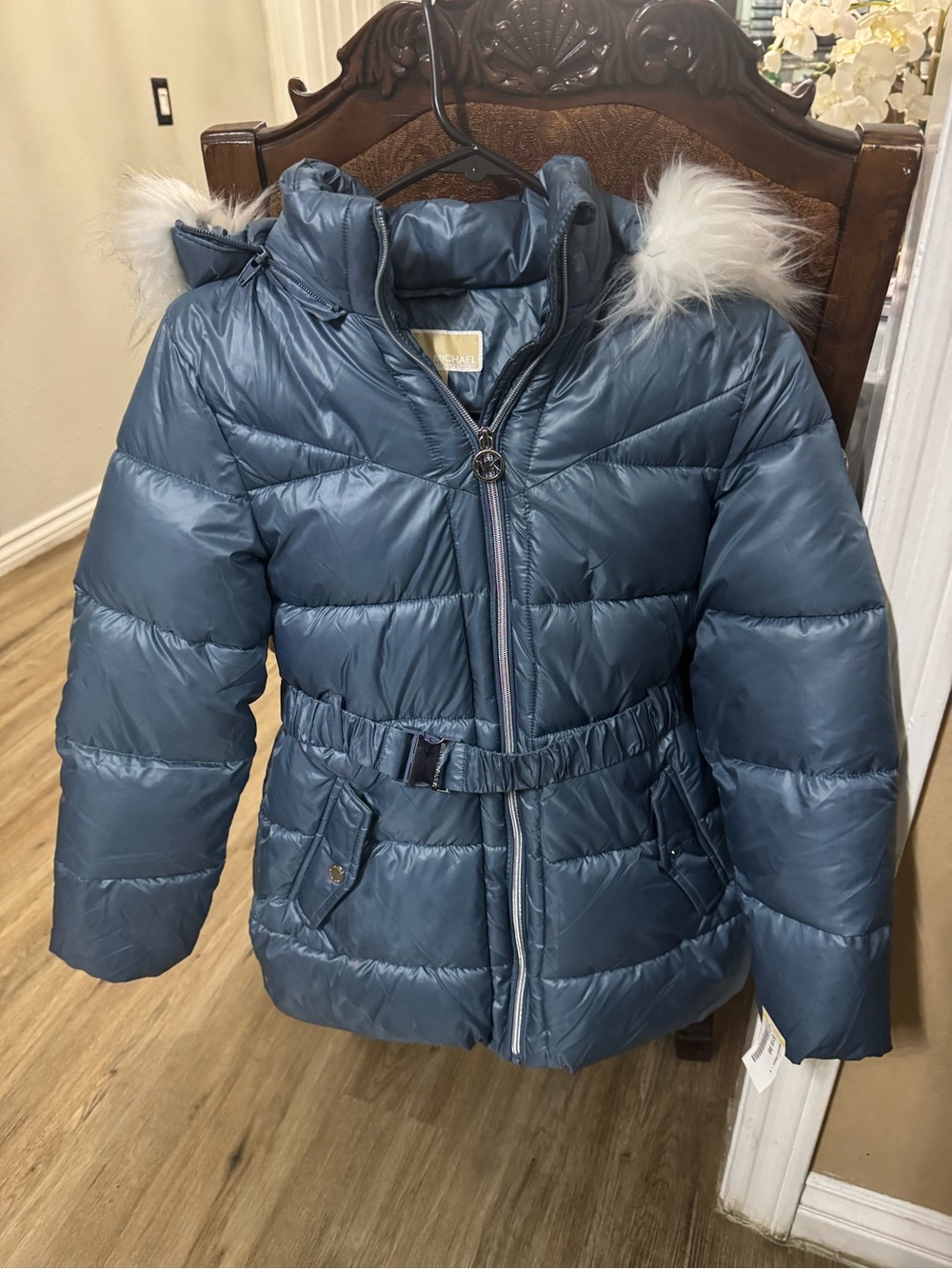 Women’s Blue Puffer Coat with Faux Fur Hood - Classic Winter Jacket